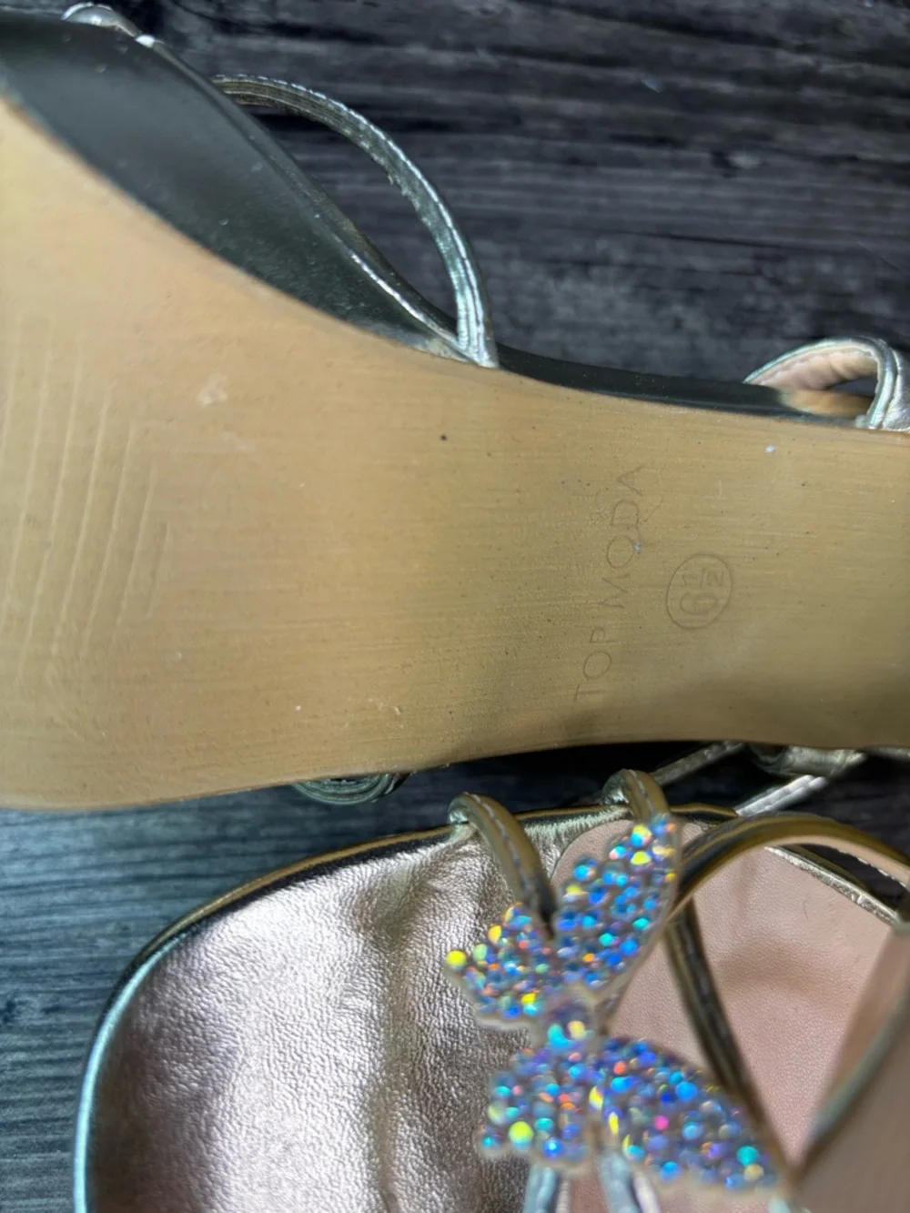 Iridescent Butterfly Gold Platform Lace-Up Heels Sz 6.5 Chunky Heel TOP Moda